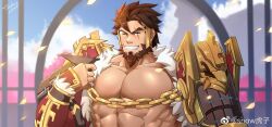 Rule 34 | 1boy, abs, armor, bara, beard, chain, character request, check copyright, copyright request, facial hair, falling petals, full beard, grin, highres, huzee tiger, large pectorals, looking at viewer, male focus, mature male, muscular, muscular male, mustache stubble, one eye closed, orient arcadia, pauldrons, pectorals, petals, scar, scar across eye, short hair, shoulder armor, smile, solo, stubble, textless version, thick beard, thick eyebrows, upper body