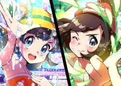 Rule 34 | 2girls, :q, bare arms, beanie, black hair, blush, brown hair, closed mouth, commentary request, creatures (company), eyelashes, floating hair, game freak, grey eyes, hat, looking at viewer, multiple girls, nintendo, one eye closed, open mouth, pointing, pokemon, pokemon sm, pokemon usum, pon yui, selene (pokemon), shirt, split screen, stadium, t-shirt, teeth, tongue, tongue out, yellow headwear