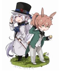 Rule 34 | 2boys, :d, alice in wonderland, animal ears, ascot, black bow, black footwear, blue ascot, boots, bow, bowtie, cane, center frills, coat, coattails, cosplay, dated, earrings, fang, fate/grand order, fate (series), flower, frilled shirt collar, frills, full body, gloves, grass, green coat, green eyes, grey pants, hair between eyes, hair bow, hand up, hat, hat flower, holding, holding cane, holding pocket watch, jewelry, leg up, long hair, long sleeves, mad hatter (alice in wonderland), mad hatter (alice in wonderland) (cosplay), male focus, merlin (fate), multiple boys, open clothes, open coat, open mouth, orange hair, pants, paper texture, pocket watch, ponytail, purple eyes, rabbit ears, rabbit tail, red flower, red rose, romani archaman, rose, ruoyin, scratching head, shirt, shoes, skin fang, smile, sweat, tail, very long hair, watch, white flower, white footwear, white gloves, white rabbit (alice in wonderland), white rabbit (alice in wonderland) (cosplay), white shirt