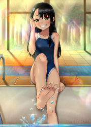 Rule 34 | :d, adjusting hair, barefoot, blue one-piece swimsuit, commentary, competition swimsuit, dusk, evilust75, feet, foreshortening, forest, grin, hair ornament, hairclip, half-closed eyes, highres, ijiranaide nagatoro-san, kicking, looking at viewer, nagatoro hayase, nature, on floor, one-piece swimsuit, open mouth, pool, poolside, school swimsuit, sitting, smile, soles, solo, splashing, swimsuit, tan, tile floor, tiles, toes, tree, water