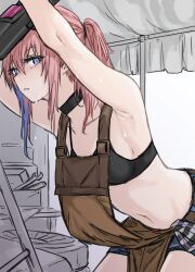 Rule 34 | 1girl, absurdres, apron, armpits, arms up, black bra, black choker, blue eyes, bra, breasts, choker, fuku (fuku12290574), girls&#039; frontline, highres, mechanic, midriff, multicolored hair, official alternate costume, pink hair, ponytail, short shorts, shorts, small breasts, st ar-15 (breeze in a summer afternoon) (girls&#039; frontline), st ar-15 (girls&#039; frontline), streaked hair, sweat, underwear, welding mask