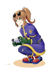Rule 34 | 1girl, brown hair, eyewear on head, full body, gloves, green eyes, highres, jungo yquinone, long hair, pantyhose, playstation controller, ponytail, precis neumann, simple background, skirt, smile, solo, star ocean, star ocean the second story, white background