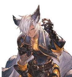 Rule 34 | 1boy, arm up, bent over, black gloves, black jacket, dark skin, dark-skinned male, erune, eustace (granblue fantasy), gloves, granblue fantasy, hair over one eye, jacket, looking at viewer, male focus, minaba hideo, official art, grey eyes, silver hair, solo, transparent background, upper body, white day