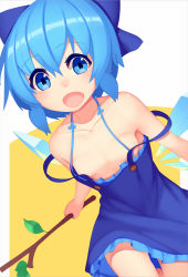 Rule 34 | 1girl, alternate costume, blue dress, blue eyes, blue hair, blush, branch, breasts, cirno, convenient censoring, downblouse, dress, dutch angle, hair ribbon, ice, ice wings, looking at viewer, matching hair/eyes, mikan (bananoha), no bra, off shoulder, open mouth, ribbon, short hair, sleeveless, small breasts, smile, solo, strap slip, touhou, wings
