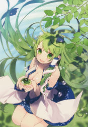 Rule 34 | 1girl, absurdres, bare shoulders, blush, breasts, cleavage, detached sleeves, frog hair ornament, green eyes, green hair, hair ornament, hair tubes, highres, huge filesize, japanese clothes, kitada mo, kochiya sanae, large breasts, leaf, long hair, long sleeves, looking at viewer, matching hair/eyes, miko, open mouth, peridot (stone), scan, shirt, skirt, smile, snake hair ornament, solo, touhou, wide sleeves