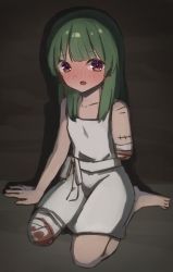 Rule 34 | 1girl, absurdres, amputee, arm support, bandages, blood, blush, brown eyes, collarbone, double amputee, full-face blush, green hair, highres, karabako tanuki, kneeling, long hair, open mouth, original, scar, solo