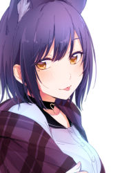 Rule 34 | 1girl, :p, animal ears, black choker, cat ears, choker, closed mouth, from side, heart, looking at viewer, looking to the side, mole, mole under eye, nijisanji, open clothes, purple hair, shirt, shizuka rin, shizuka rin (4th costume), simple background, smile, solo, teti, tongue, tongue out, upper body, virtual youtuber, white background, white shirt, yellow eyes