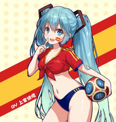 Rule 34 | 00s, 1girl, 2018 fifa world cup, :d, ball, blue eyes, blue hair, breasts, chinese text, cleavage, commentary request, contrapposto, cowboy shot, facial mark, hand up, hatsune miku, holding, index finger raised, jokanhiyou, long hair, looking at viewer, medium breasts, navel, open mouth, panties, purple panties, red shirt, shirt, short sleeves, simplified chinese text, smile, soccer, soccer ball, solo, spain, spanish flag, standing, tied shirt, underwear, very long hair, vocaloid, world cup