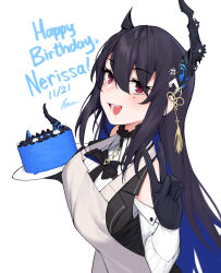 Rule 34 | 1girl, absurdres, adapted costume, apron, asymmetrical horns, bare shoulders, birthday, birthday cake, black hair, blue hair, blush, breasts, cake, colored inner hair, dasdokter, dated, demon horns, english text, food, hair ornament, happy birthday, highres, hololive, hololive english, horns, large breasts, long hair, looking at viewer, mole, mole under eye, multicolored hair, nerissa ravencroft, nerissa ravencroft (1st costume), red eyes, smile, solo, two-tone hair, uneven horns, virtual youtuber