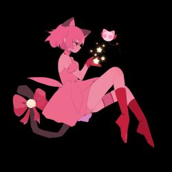 Rule 34 | 1girl, absurdres, animal ears, black eyes, boots, bow, cat ears, cat girl, cat tail, commentary, dress, english commentary, floating, hair behind ear, highres, ikumi mia (mangaka), magical girl, masha (tokyo mew mew), mew ichigo, milkoe, momomiya ichigo, pink dress, red bow, red footwear, sitting, solo, tail, tail bow, tail ornament, thigh strap, tokyo mew mew