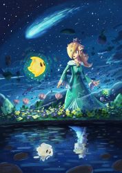 Rule 34 | 1girl, absurdres, aged down, blonde hair, blue dress, blue eyes, comet, crown, different reflection, dress, flower, highres, letamarindlover, looking at another, luma (mario), mario (series), night, night sky, nintendo, reflection, rosalina, shooting star, sky, smile, star (sky), starry sky, super mario galaxy, time paradox, wand
