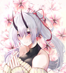 Rule 34 | 1girl, bad id, bad pixiv id, black undershirt, blush, breasts, commentary request, fate/grand order, fate (series), hair between eyes, hair ribbon, head tilt, horns, jjkl9195, large breasts, long hair, looking at viewer, off-shoulder sweater, off shoulder, oni horns, ponytail, red eyes, red ribbon, ribbed sweater, ribbon, shirt, silver hair, sleeveless, sleeveless shirt, smile, solo, sweater, tomoe gozen (fate), upper body, white sweater