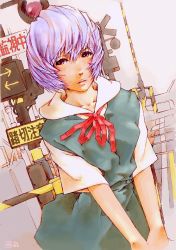 Rule 34 | ayanami rei, kotatsu-spirit, neon genesis evangelion, purple hair, railroad crossing, school uniform, short hair, solo