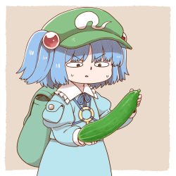 Rule 34 | 1girl, @ @, backpack, bag, blue dress, blue ribbon, border, cucumber, dress, green hat, grey background, hair bobbles, hair ornament, hat, highres, juliet sleeves, kawashiro nitori, long sleeves, neck ribbon, nervous sweating, poronegi, puffy sleeves, ribbon, simple background, solo, sweat, touhou, two side up, v-shaped eyebrows, white border, wide face
