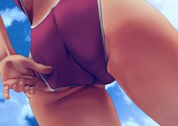 Rule 34 | 1girl, adjusting clothes, adjusting swimsuit, ass, close-up, cloud, copyright request, dutch angle, fingernails, from behind, from below, outdoors, sky, solo, tagme, tan, tanline, wedgie
