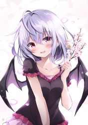 Rule 34 | 1girl, :d, ahoge, alternate costume, bat wings, black shirt, blush, bra strap, branch, breasts, casual, cherry blossoms, collarbone, commentary request, flower, frills, hair between eyes, hand up, head tilt, highres, holding, hyurasan, light purple hair, looking at viewer, open mouth, petals, pink flower, pink skirt, red eyes, remilia scarlet, shirt, short hair, short sleeves, sidelocks, skirt, small breasts, smile, solo, touhou, upper body, wings
