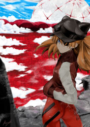 Rule 34 | 1girl, animal hat, ass, blue eyes, bodysuit, bodysuit under clothes, breasts, brown hair, brown jacket, cowboy shot, expressionless, eyepatch, hands in pockets, hat, jacket, kawayoshi, long hair, long sleeves, looking at viewer, looking back, neon genesis evangelion, one eye covered, plugsuit, rebuild of evangelion, red bodysuit, shiny skin, simple background, sky, small breasts, solo, souryuu asuka langley, standing, thighs, tsundere, very long hair