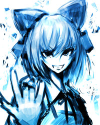 Rule 34 | 1girl, \m/, bad id, bad pixiv id, blue theme, cirno, embodiment of scarlet devil, face, grin, highres, monochrome, smile, solo, touhou, violence kumahina