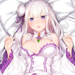 Rule 34 | 10s, 1girl, bed sheet, blush, breasts, cleavage, collar, dakimakura (medium), dress, elf, emilia (re:zero), flower, from above, hair flower, hair ornament, hair ribbon, head on pillow, jewelry, long hair, long sleeves, looking at viewer, medium breasts, on bed, open mouth, pendant, pillow, pointy ears, purple eyes, purple ribbon, purple theme, re:zero kara hajimeru isekai seikatsu, ribbon, silver hair, solo, tearing up, utdream, w arms, white dress, wide sleeves, x hair ornament