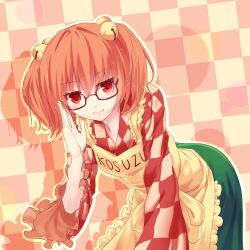 Rule 34 | 1girl, apron, bad id, bad pixiv id, bell, blush, checkered background, clothes writing, female focus, glasses, hair bell, hair ornament, jingle bell, leaning forward, looking at viewer, motoori kosuzu, orange hair, red-framed eyewear, red eyes, short hair, smile, solo, touhou, twintails, two side up, yonaga (masa07240)