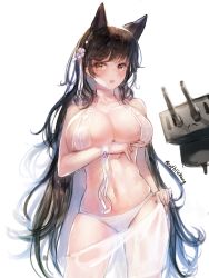 Rule 34 | 1girl, absurdres, animal ears, atago (azur lane), atago (summer march) (azur lane), azur lane, bikini, black hair, breasts, brown eyes, choker, cleavage, cowboy shot, highres, large breasts, looking at viewer, mole, mole under eye, ribbon, sarong, see-through, side-tie bikini bottom, simple background, standing, swept bangs, swimsuit, white background, white bikini, white ribbon, wolf ears, zonekiller10
