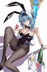 Rule 34 | 1girl, absurdres, alternate costume, animal ears, asymmetrical hair, bare shoulders, black hairband, black leotard, bow, bowtie, breasts, champagne bottle, champagne flute, cleavage, cup, detached collar, drinking glass, eula (genshin impact), fake animal ears, genshin impact, hair ornament, hairband, highres, holding, holding cup, leotard, looking at viewer, medium breasts, medium hair, pantyhose, playboy bunny, rabbit ears, rabbit tail, simple background, smile, solo, strapless, strapless leotard, sword, tail, takai isshiki, thighband pantyhose, tray, weapon, white background, wrist cuffs