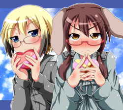 Rule 34 | 2girls, animal ears, bespectacled, blonde hair, blue eyes, blush, brown hair, dog ears, embarrassed, erica hartmann, gertrud barkhorn, gift, glasses, hair ribbon, heart, ikue fuuji, multicolored hair, multiple girls, ribbon, strike witches, twintails, world witches series, yellow eyes