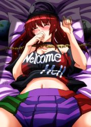 Rule 34 | 1girl, arm up, bare shoulders, bed sheet, black choker, blush, breasts, buckle, chain, choker, cleavage, closed eyes, clothes writing, commentary request, covering own mouth, dated, detached sleeves, earth (ornament), eyelashes, fingernails, gold chain, hecatia lapislazuli, highres, large breasts, long hair, lying, m/, midriff, miniskirt, moon (ornament), multicolored clothes, multicolored skirt, navel, nose blush, off-shoulder shirt, off shoulder, on back, on bed, open mouth, pillow, red hair, shirt, sidelocks, signature, skirt, solo, stomach, striped clothes, striped skirt, tatsuya (guild plus), tears, thighs, touhou