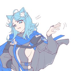 Rule 34 | 1girl, ahoge, animal ear fluff, animal ears, arknights, belt, black cape, black gloves, blue eyes, blue hair, blue scarf, bonjirix, breasts, cape, cat ears, dated, gloves, hand on own hip, highres, large breasts, long hair, midriff peek, monique (arknights), motion lines, open mouth, parted bangs, partially fingerless gloves, scarf, sideboob, simple background, solo, twitter username, upper body, v-shaped eyebrows, white background