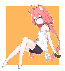 Rule 34 | 1girl, :&lt;, ahoge, animal ear fluff, animal ears, barefoot, bike shorts, blue eyes, cat ears, choker, controller, from side, full body, game controller, hair bobbles, hair ornament, hinata channel, holding, legs, linnkou, long hair, looking at viewer, low twintails, nekomiya hinata, no tail, orange background, pink hair, shorts, simple background, sitting, solo, strap slip, twintails, vest, virtual youtuber, white vest