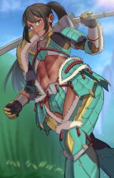 Rule 34 | 1girl, abs, absurdres, armor, blue sky, blurry, blurry background, breasts, brown hair, capcom, clenched hand, clenched hands, dark-skinned female, dark skin, depth of field, fur trim, gauntlets, grass, green eyes, highres, holding, holding weapon, long hair, long sword, looking at viewer, monju (monster hunter), monster hunter (series), monster hunter rise, muscular, muscular female, navel, outdoors, ponytail, shoulder armor, sky, small breasts, solo, standing, sword, toin (iitoin), toned, weapon, zinogre (armor)