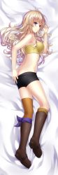 Rule 34 | 1girl, ahoge, ass, asymmetrical legwear, bare arms, bare back, bed sheet, bike shorts, bike shorts pull, blonde hair, blush, boots, bra, breasts, brown footwear, brown thighhighs, butt crack, clothes pull, dakimakura (medium), full body, highres, knee boots, long hair, looking at viewer, lying, on bed, on side, purple eyes, purple ribbon, ribbon, rwby, seirei911, shorts, shorts pull, smile, solo, strapless, strapless bra, thighhighs, underwear, uneven legwear, yang xiao long, yellow bra