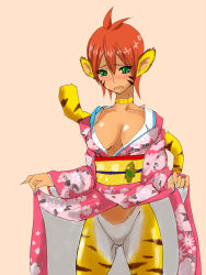 Rule 34 | 1girl, animal ears, blush, breasts, breath of fire, breath of fire ii, cat ears, cat tail, facial mark, furry, furry female, gackt-c, gloves, green eyes, no panties, no pants, orange background, orange hair, pointy ears, rinpoo chuan, short hair, simple background, solo, tail