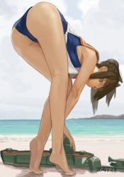 Rule 34 | 10s, 1girl, ass, barefoot, bent over, brown eyes, brown hair, day, feet, full body, i-401 (kancolle), kantai collection, kneepits, legs, long legs, looking at viewer, ocean, short hair, soles, solo, standing, swimsuit, tiptoes, toro (konirio), wading, water
