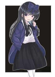 Rule 34 | 1girl, black hair, black ribbon, black skirt, blunt bangs, blush, bow, collared shirt, commentary, cookie (touhou), earrings, feet out of frame, grey background, hair bow, hand in pocket, highres, hime cut, jacket, jewelry, long hair, looking at viewer, neck ribbon, open mouth, purple bow, purple eyes, purple jacket, ribbon, shirt, shunga youkyu, skirt, smile, solo, star (symbol), star earrings, star sapphire, stl (dpb v), touhou, two-tone background, white background, white shirt