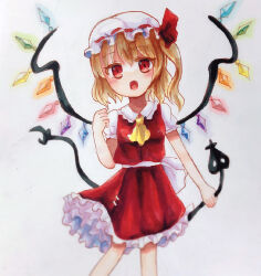 Rule 34 | 1girl, ascot, back bow, blonde hair, bow, breasts, collared shirt, fang, feet out of frame, flandre scarlet, frilled skirt, frills, glowing, glowing wings, hat, head tilt, highres, holding, holding polearm, holding weapon, laevatein (touhou), large bow, looking at viewer, marker (medium), medium hair, mob cap, multicolored wings, one side up, open mouth, polearm, popperapi, puffy short sleeves, puffy sleeves, red eyes, red ribbon, red skirt, red vest, ribbon, ribbon-trimmed headwear, ribbon trim, shirt, short sleeves, simple background, skin fang, skirt, skirt set, small breasts, solo, touhou, traditional media, vest, weapon, white background, white bow, white shirt, wings, yellow ascot