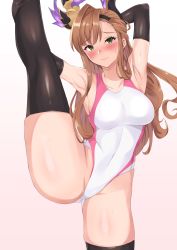 Rule 34 | 1girl, absurdres, armpits, arms behind head, arms up, blush, breasts, brown hair, closed mouth, competition swimsuit, covered navel, granblue fantasy, green eyes, head wings, highleg, highleg swimsuit, highres, large breasts, leg lift, leg up, long hair, looking at viewer, one-piece swimsuit, pm tii (matuko1024), simple background, smile, split, standing, standing on one leg, standing split, swimsuit, tweyen (granblue fantasy), white background, wings