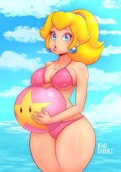 Rule 34 | 1girl, artist name, ball, bare arms, bare shoulders, beachball, bikini, blonde hair, blue background, blue eyes, blue sky, breast rest, breasts, cleavage, cloud, collarbone, covered erect nipples, earrings, eyelashes, hair tie, high ponytail, highres, holding, holding ball, holding beachball, jewelry, large breasts, legs together, lewddoodlez, lips, looking at viewer, mario (series), medium hair, nintendo, parted lips, pink bikini, pink lips, ponytail, princess peach, sky, solo, standing, star (symbol), super star (mario), super mario bros. 1, swimsuit, thick thighs, thighs, water, wide hips