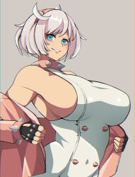 Rule 34 | 1girl, absurdres, ahoge, bare shoulders, black gloves, blue eyes, blush, bracelet, breasts, collar, commentary, dress, elphelt valentine, english commentary, fingerless gloves, gloves, grey background, grin, guilty gear, guilty gear strive, hairband, highres, huge ahoge, huge breasts, jacket, jewelry, lixiart, long sleeves, looking at viewer, meme, parted lips, pink hairband, pink jacket, ringed eyes, short hair, sideboob, simple background, smile, spiked bracelet, spiked collar, spiked dress, spiked hairband, spikes, studded gloves, twitter strip game (meme), upper body, variant set, white dress, white hair