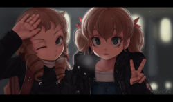 Rule 34 | 2girls, artist name, backpack, bag, black jacket, bow, breath, commentary, drill hair, eyelashes, hair bow, hand on head, highres, jacket, letterboxed, light brown hair, looking at viewer, mole, mole under eye, multiple girls, novcel, one eye closed, original, red bow, short hair, twin drills, unzipped, upper body, v