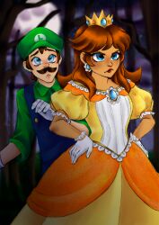 Rule 34 | 1boy, 1girl, angry, blue eyes, crown, dress, earrings, facial hair, flower earrings, forest, frown, gem, gloves, hand on own hip, hat, jewelry, luigi, mario (series), moon, mustache, nature, night, night sky, nintendo, orange dress, overalls, princess daisy, puffy short sleeves, puffy sleeves, serious, short sleeves, sky, standing, super mario bros. 1, super mario land