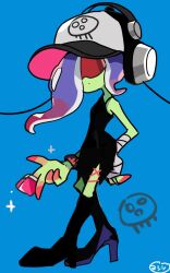 Rule 34 | 1girl, bandaged arm, bandages, baseball cap, black dress, blue background, blue hair, closed mouth, color chip (splatoon), colored skin, commentary, cross-laced slit, dedf1sh, dress, full body, gradient hair, green skin, hat, headphones, headphones over headwear, high heels, highres, long hair, multicolored hair, nintendo, octoling, off shoulder, print headwear, red hair, sanitized (splatoon), side slit, simple background, single bare shoulder, solo, sparkle, splatoon (series), splatoon 3, splatoon 3: side order, standing, sunglasses, symbol-only commentary, tentacle hair, two-tone hair, yoshishi (yosisitoho)