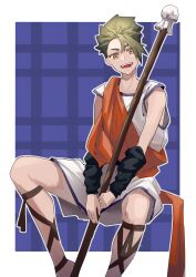 Rule 34 | 1boy, achilles (fate), aged down, arm warmers, arms between legs, black arm warmers, border, fate/grand order, fate (series), feet out of frame, green hair, haruakira, highres, invisible chair, looking at viewer, male focus, open mouth, orange sash, plaid, plaid background, sandals, sash, sitting, solo, staff, undercut, white border, white tunic, yellow eyes