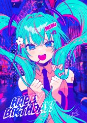 Rule 34 | 1girl, :d, ahoge, arm tattoo, black necktie, black sleeves, blue eyes, blue hair, bow, character name, collared shirt, commentary, detached sleeves, floating hair, flower, fortissimo, hair between eyes, hair bow, hair flower, hair intakes, hair ornament, happy birthday, hatsune miku, heart, heart ahoge, highres, holding, holding hair, long hair, long sleeves, looking at viewer, musical note, musical note hair ornament, necktie, number tattoo, open mouth, pink flower, pink shirt, polka dot, polka dot bow, shirt, sleeveless, sleeveless shirt, smile, solo, striped, striped bow, tattoo, twintails, twitter username, upper body, very long hair, vocaloid, white flower, wing collar, yamigirikuroko