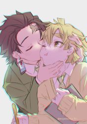 Rule 34 | 2boys, :t, agatsuma zenitsu, blonde hair, brown hair, cheek squash, chiy (mochi punin), closed mouth, collared shirt, earrings, facing another, forked eyebrows, green jacket, green necktie, hand in another&#039;s hair, hand on another&#039;s cheek, hand on another&#039;s chin, hand on another&#039;s face, hand on another&#039;s head, hand up, hands up, highres, holding, holding notebook, holding pen, jacket, jewelry, kamado tanjirou, kimetsu gakuen, kimetsu no yaiba, kiss, kissing cheek, leaning on person, long sleeves, looking at another, messy hair, multiple boys, necktie, notebook, one eye closed, open mouth, pen, school uniform, shirt, short hair, sideways glance, simple background, sweater, twitter username, upper body, white background, yaoi, yellow sweater