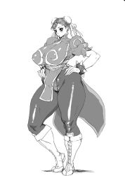 Rule 34 | 1girl, bonten, breasts, bun cover, capcom, china dress, chinese clothes, chun-li, double bun, dress, covered erect nipples, female focus, full body, highres, huge breasts, monochrome, pantyhose, pelvic curtain, scan, short hair, solo, street fighter, thick thighs, thighs, traditional media