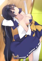 Rule 34 | + +, 1girl, ahoge, alternate breast size, anchor, areola slip, azur lane, bare shoulders, black hair, blue eyes, blue kimono, blush, bow, breasts, cleavage, collarbone, commentary request, detached sleeves, female focus, hair between eyes, hair bow, head back, highres, japanese clothes, katana, kimono, kiyomin, leaning back, long hair, looking at viewer, medium breasts, open mouth, ponytail, short kimono, sidelocks, single thighhigh, solo, strapless, sword, tassel, thighhighs, very long hair, weapon, white thighhighs, yoizuki (azur lane)
