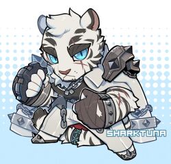 Rule 34 | 1boy, animal ears, arknights, artist name, bandaged hand, bandages, chain, chain necklace, chibi, clenched hands, commentary, english commentary, furry, furry male, infection monitor (arknights), jewelry, looking at viewer, male focus, mountain (arknights), multiple scars, necklace, scar, scar across eye, scar on arm, scar on face, scar on hand, sharktuna, spiked pauldrons, tail, tiger boy, tiger ears, tiger stripes, tiger tail