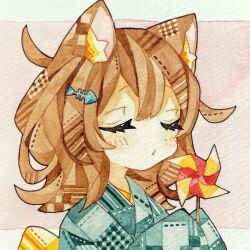 Rule 34 | 1girl, animal ear fluff, animal ears, aqua kimono, brown hair, cat ears, cat girl, closed eyes, commentary request, fish skeleton hair ornament, hair ornament, hands up, highres, holding pinwheel, japanese clothes, kimono, letterboxed, long sleeves, lupin strawberry, medium hair, original, outside border, painting (medium), paper texture, patterned clothing, patterned hair, pink background, pinwheel, sash, sleeves past fingers, sleeves past wrists, solo, traditional media, upper body, watercolor (medium), yellow sash