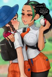 Rule 34 | 2girls, arm around shoulder, assertive female, backpack, bag, black pantyhose, blush, breasts, creatures (company), english text, game freak, gloves, highres, juliana (pokemon), large breasts, loodncrood, looking at another, multicolored hair, multiple girls, naranja academy school uniform, necktie, nemona (pokemon), nintendo, open mouth, orange shorts, pantyhose, pantyhose under shorts, poke ball, poke ball (basic), pokemon, pokemon sv, school uniform, shorts, single glove, small breasts, smile, speech bubble, streaked hair, yuri